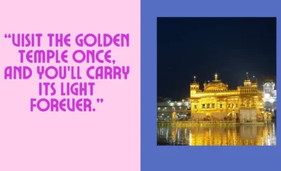 Golden Temple illuminated at night with the quote “Visit the Golden Temple once and you will carry its light forever,” symbolizing peace, devotion, and spiritual light in Amritsar, Punjab.
