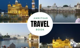 A collage of Amritsar’s iconic landmarks including the Golden Temple, Wagah Border ceremony, Jallianwala Bagh memorial, colorful streets, and traditional Punjab
