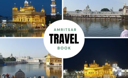 A collage of Amritsar’s iconic landmarks including the Golden Temple, Wagah Border ceremony, Jallianwala Bagh memorial, colorful streets, and traditional Punjab