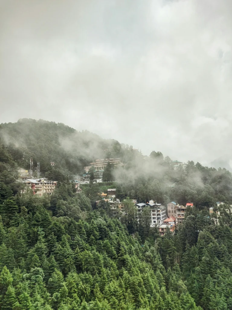 Scenic view of Dalhousie hill station in Himachal Pradesh with pine forests, colonial architecture, and snow-capped Himalayan mountains under blue sky.
