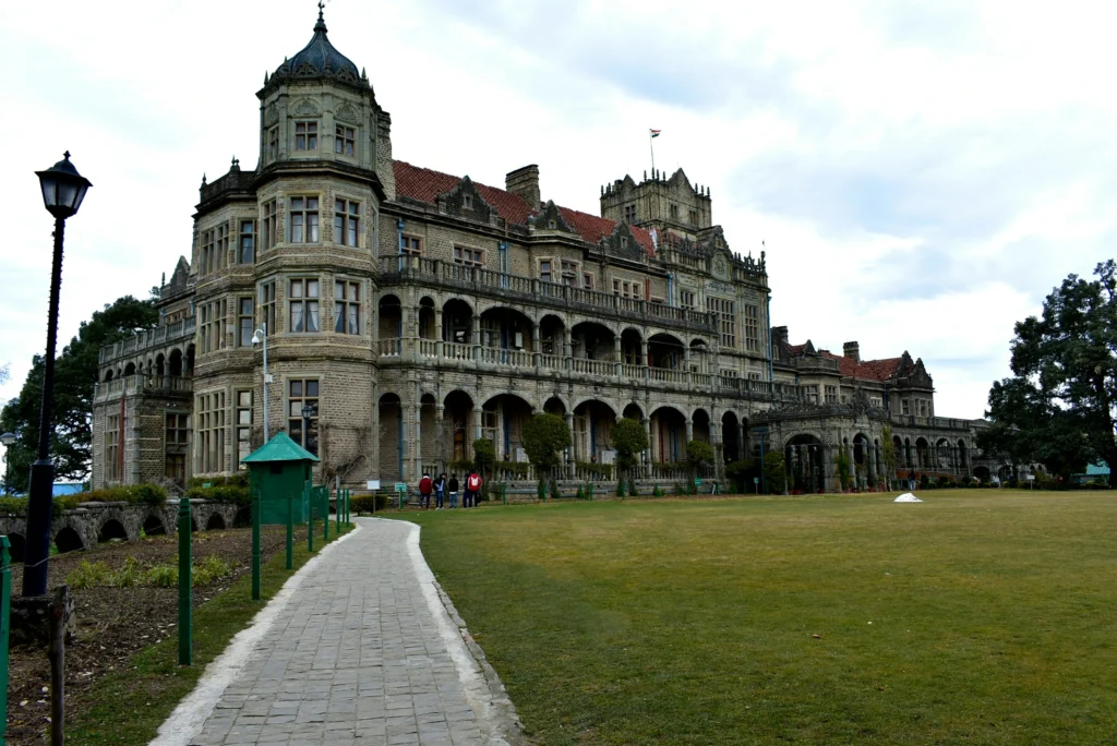 Viceroy Lodge Shimla also known as Rashtrapati Niwas historic British colonial architecture in Himachal Pradesh surrounded by lush green lawns and Himalayan hills
