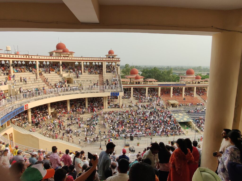 Spectator stadium at the Beating Retreat Ceremony at Wagah Border with a large crowd watching the India–Pakistan border parade.