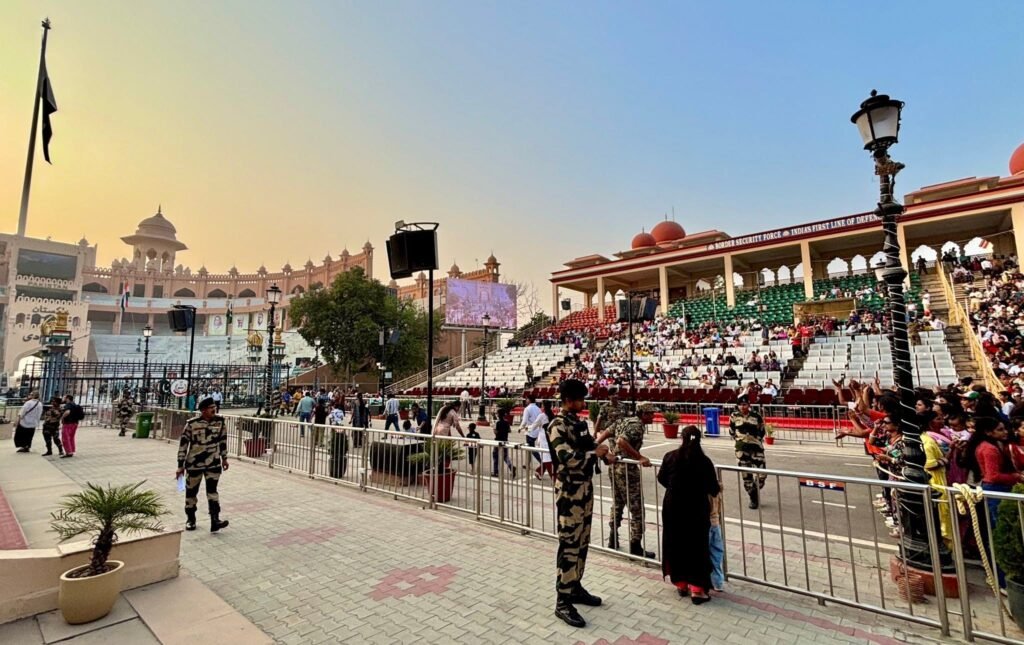 BSF soldiers on duty at the Indian side of Attari Wagah Border Stadium, Punjab, India