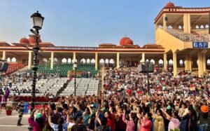 ndian side of Attari Wagah Border showing spectators, chairs and stadium at the Wagah Border Ceremony in Punjab, India