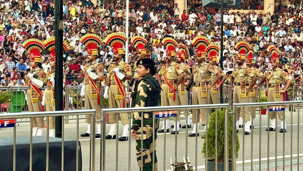 BSF soldiers standing in formation ready for the drill during the Beating Retreat Ceremony at Attari-Wagah Border, Punjab, India
