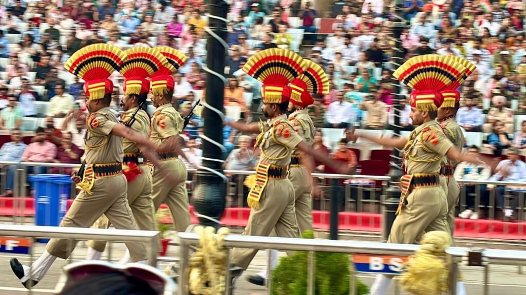BSF soldiers marching in formation during the Beating Retreat Ceremony at Attari-Wagah Border, Amritsar, Punjab, India