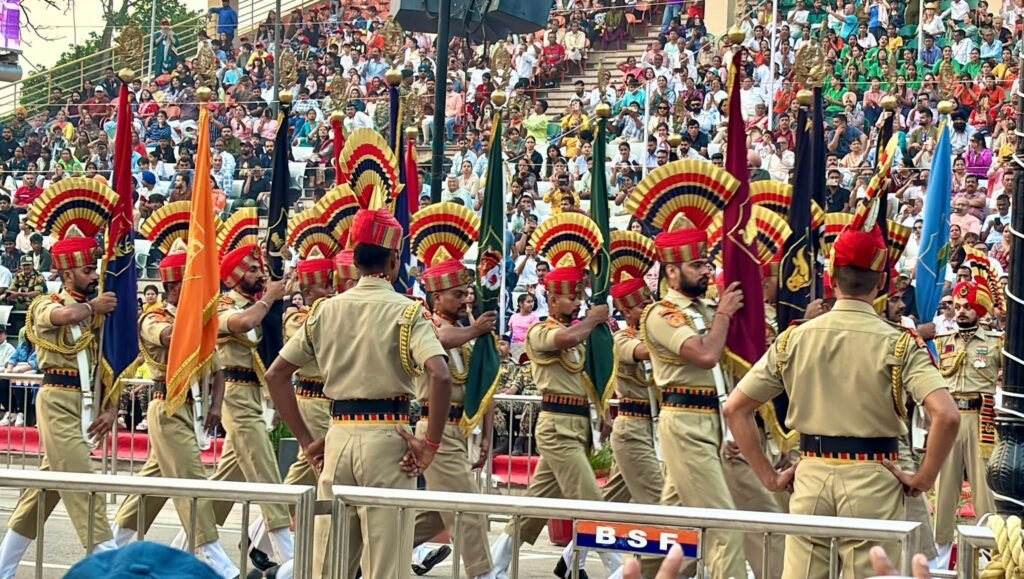 BSF soldiers marching away from the gate after the Beating Retreat Ceremony at Attari-Wagah Border