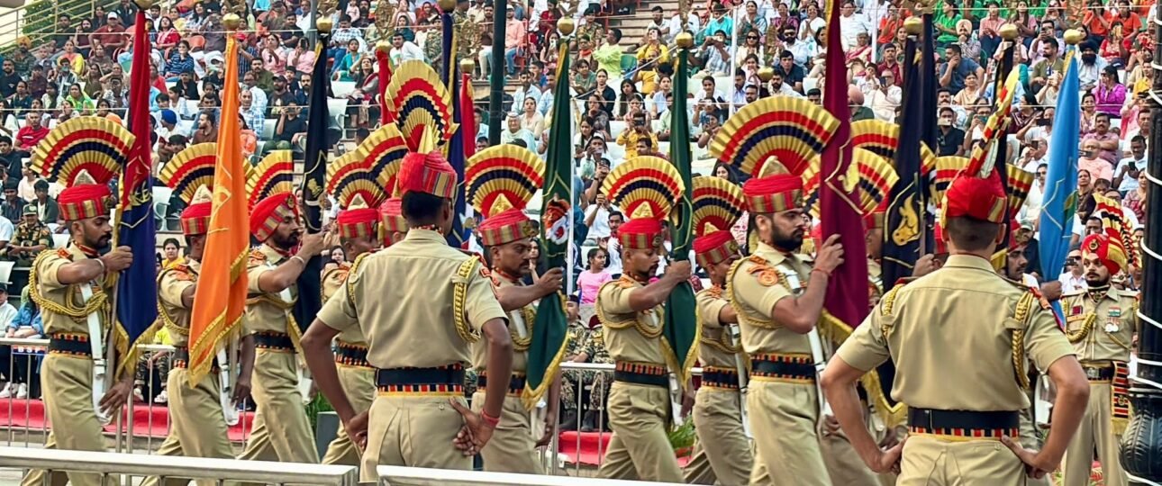 BSF soldiers marching away from the gate after the Beating Retreat Ceremony at Attari-Wagah Border