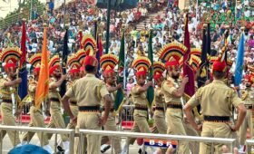 BSF soldiers marching away from the gate after the Beating Retreat Ceremony at Attari-Wagah Border