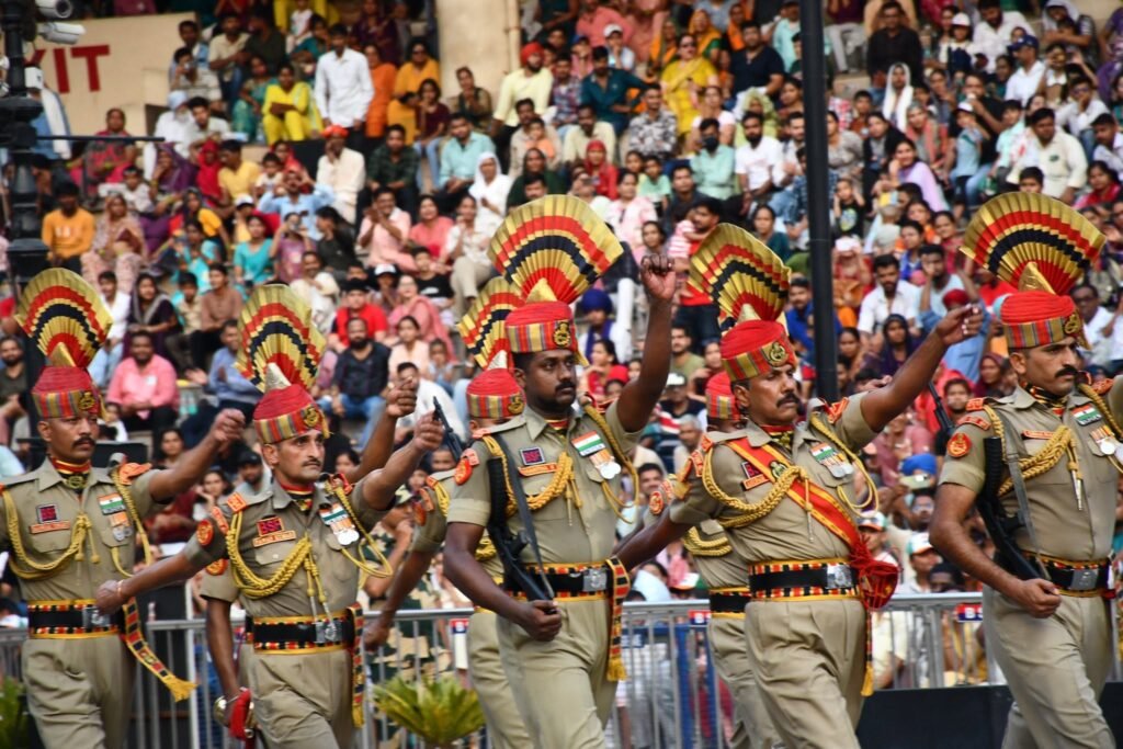 BSF soldiers marching towards the gate during the Attari-Wagah Border Ceremony